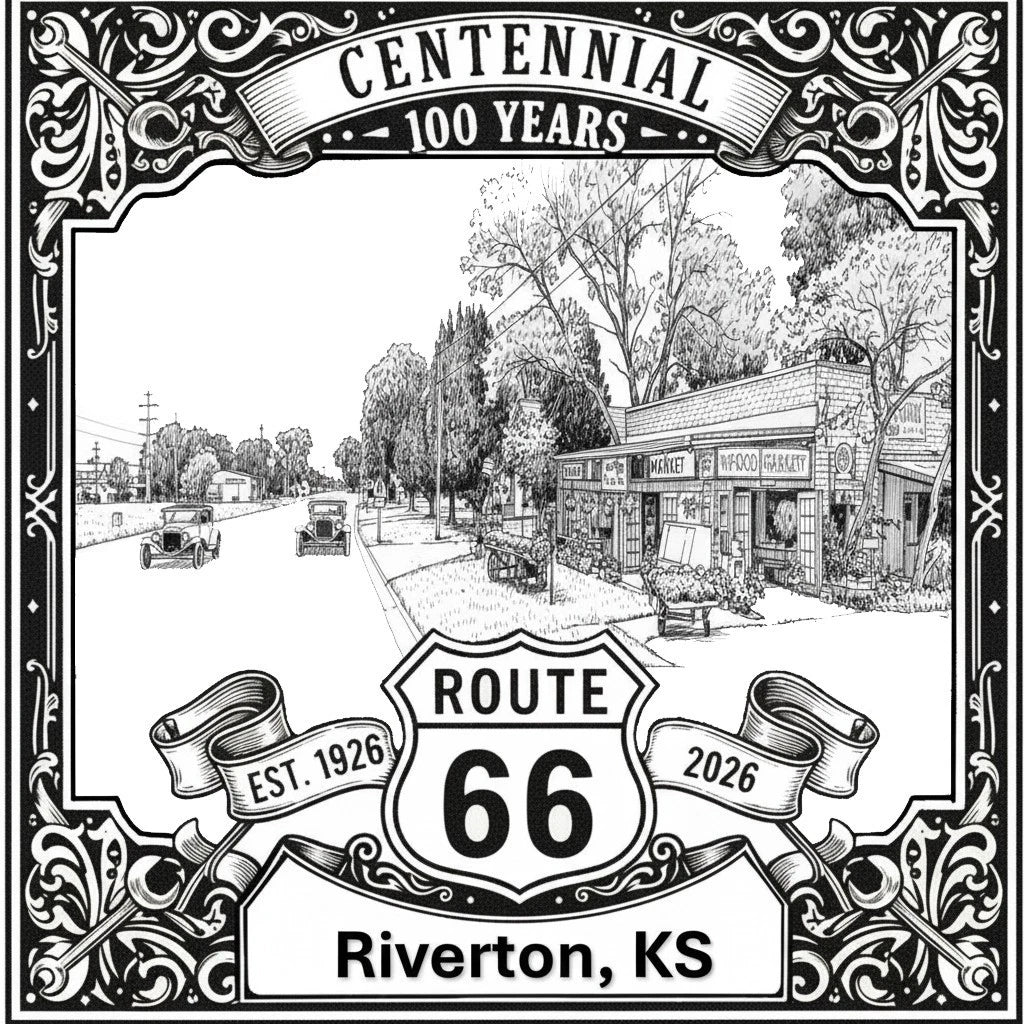 Laser-engraved design of Riverton, Kansas for Route 66 Centennial
