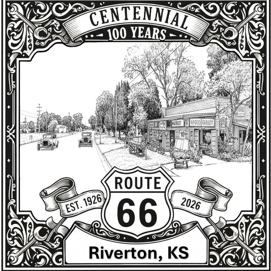 Laser-engraved design of Riverton, Kansas for Route 66 Centennial
