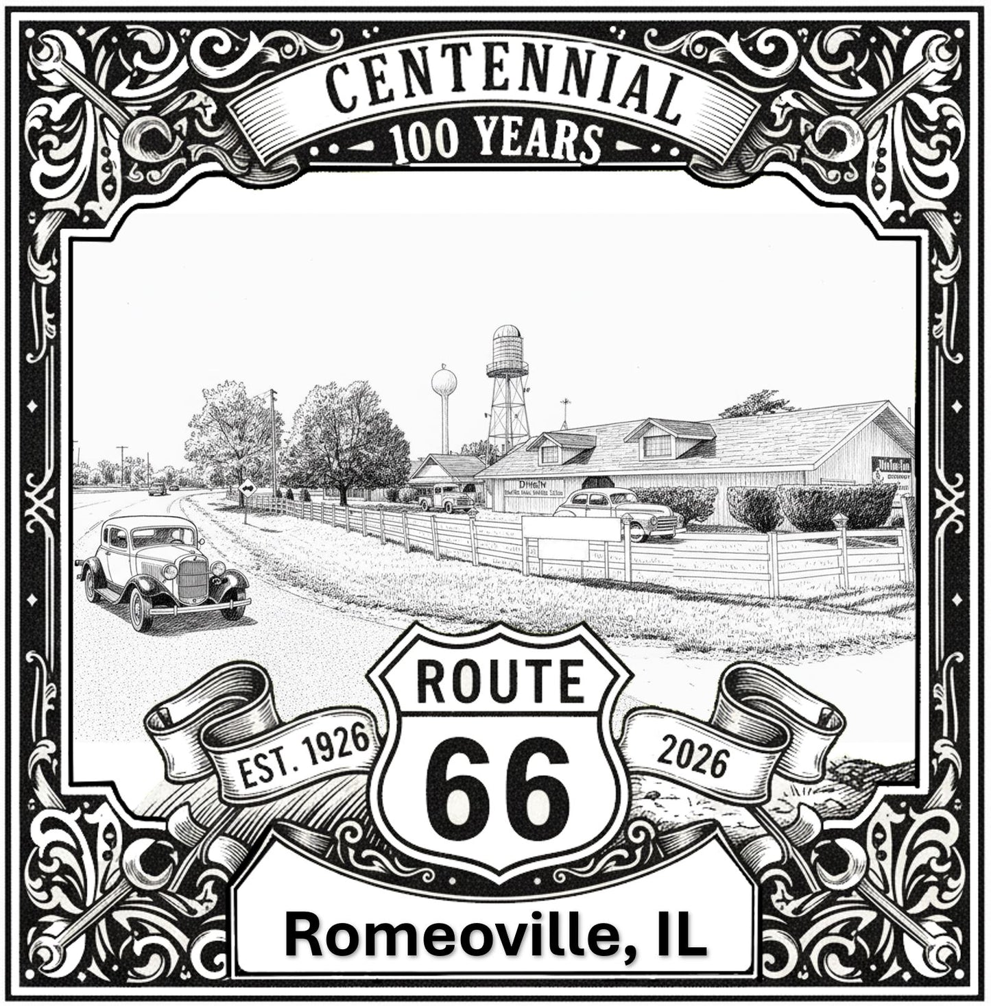Laser-engraved design of Romeoville, Illinois for Route 66 Centennial