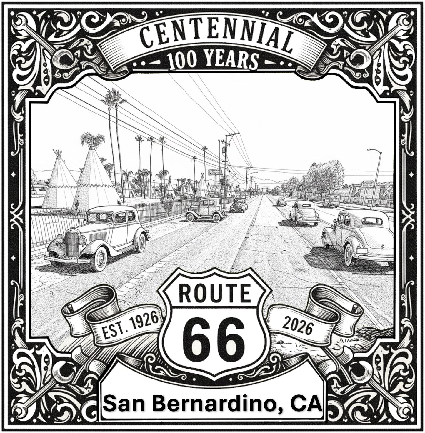 Laser-engraved design of San Bernardino, California for Route 66 Centennial