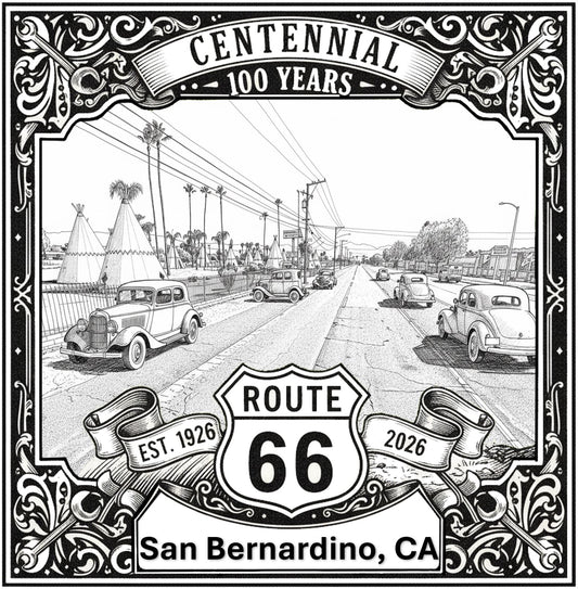 Laser-engraved design of San Bernardino, California for Route 66 Centennial
