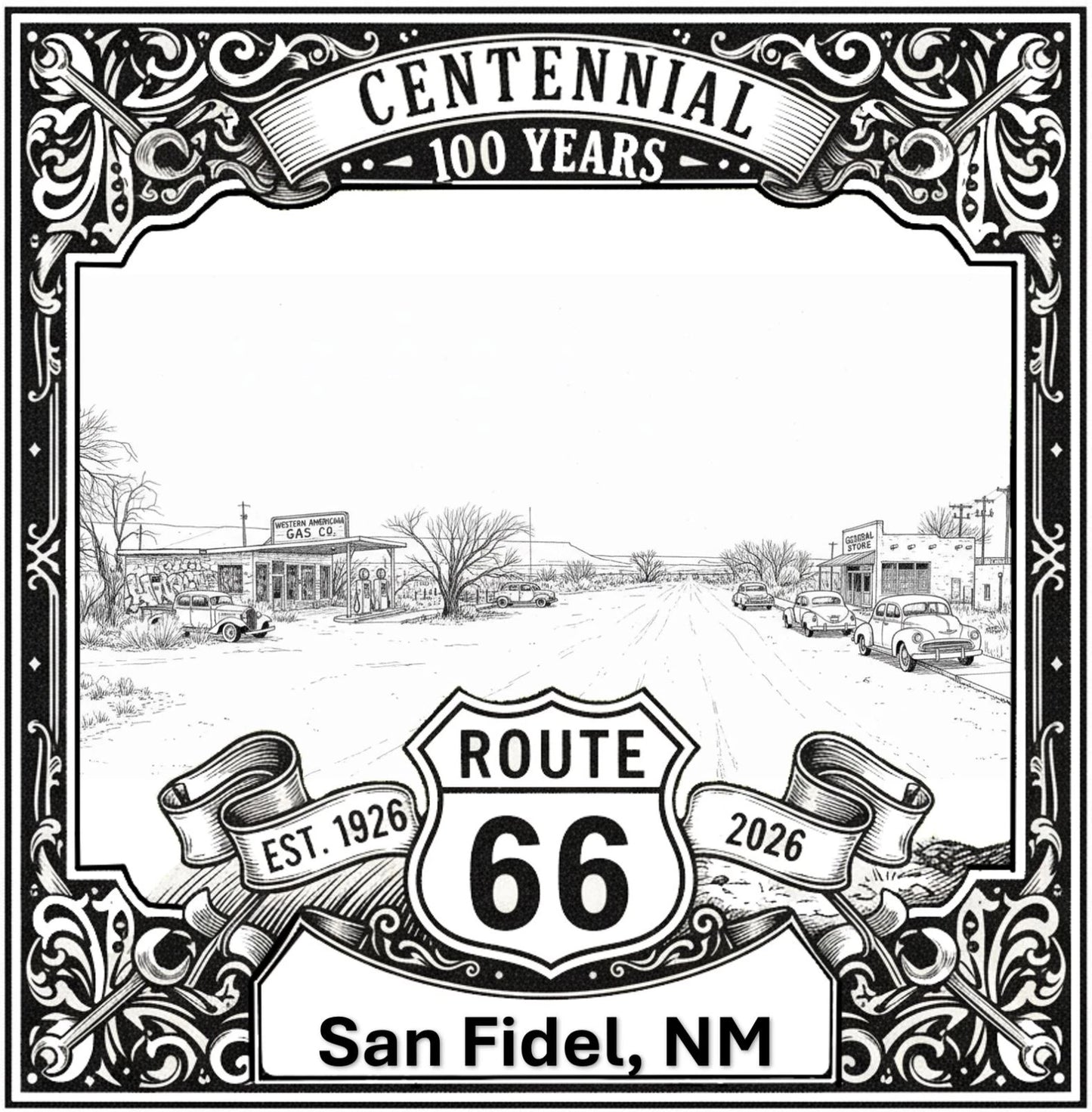 Laser-engraved design of San Fidel, New Mexico for Route 66 Centennial
