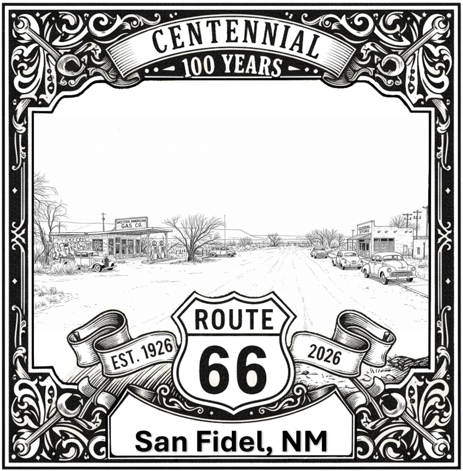 Laser-engraved design of San Fidel, New Mexico for Route 66 Centennial