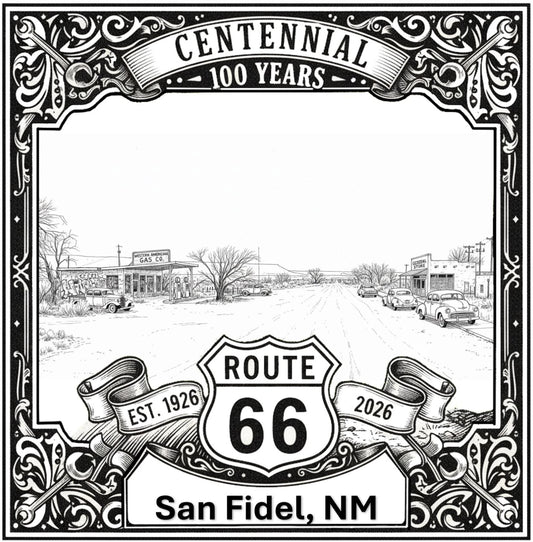 Laser-engraved design of San Fidel, New Mexico for Route 66 Centennial