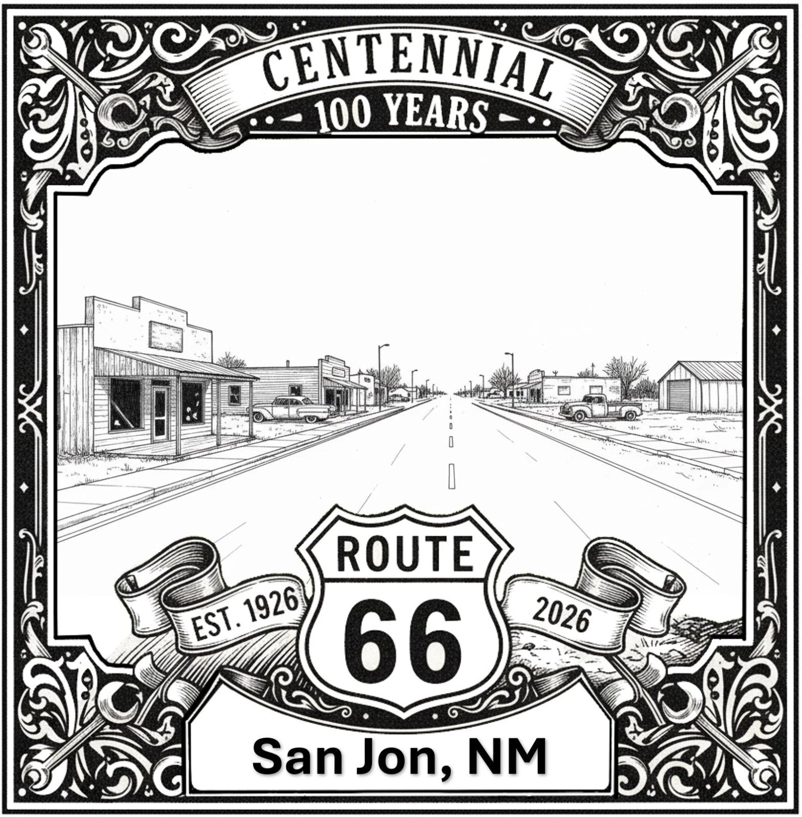 Laser-engraved design of San Jon, New Mexico for Route 66 Centennial