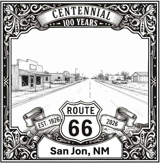 Laser-engraved design of San Jon, New Mexico for Route 66 Centennial