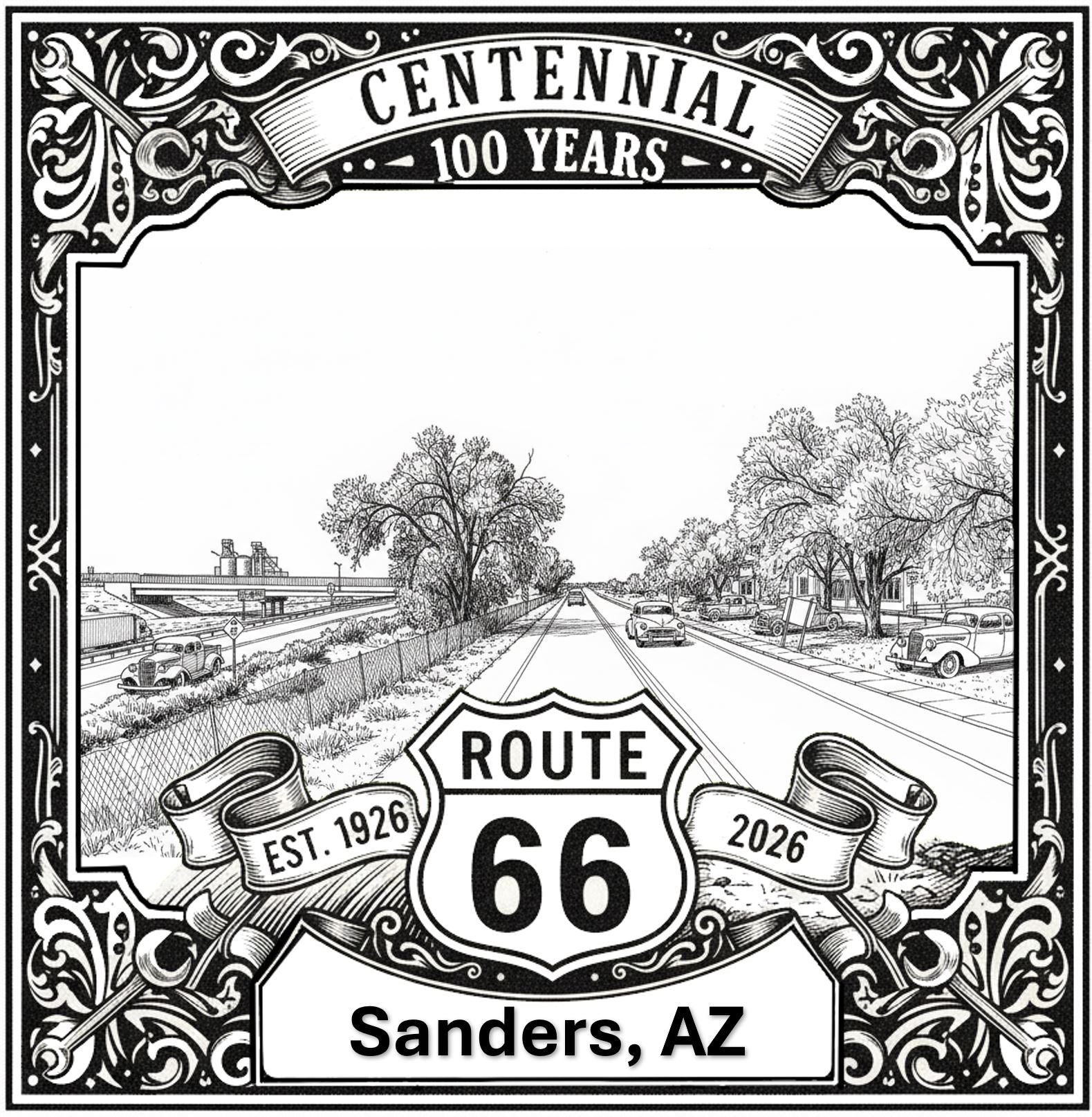 Laser-engraved design of Sanders, Arizona for Route 66 Centennial