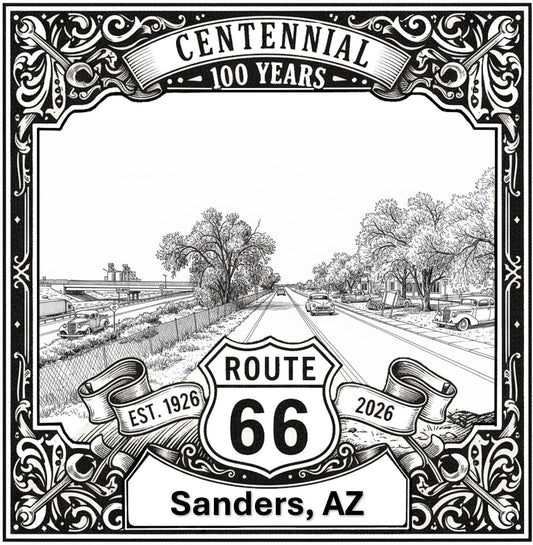 Laser-engraved design of Sanders, Arizona for Route 66 Centennial