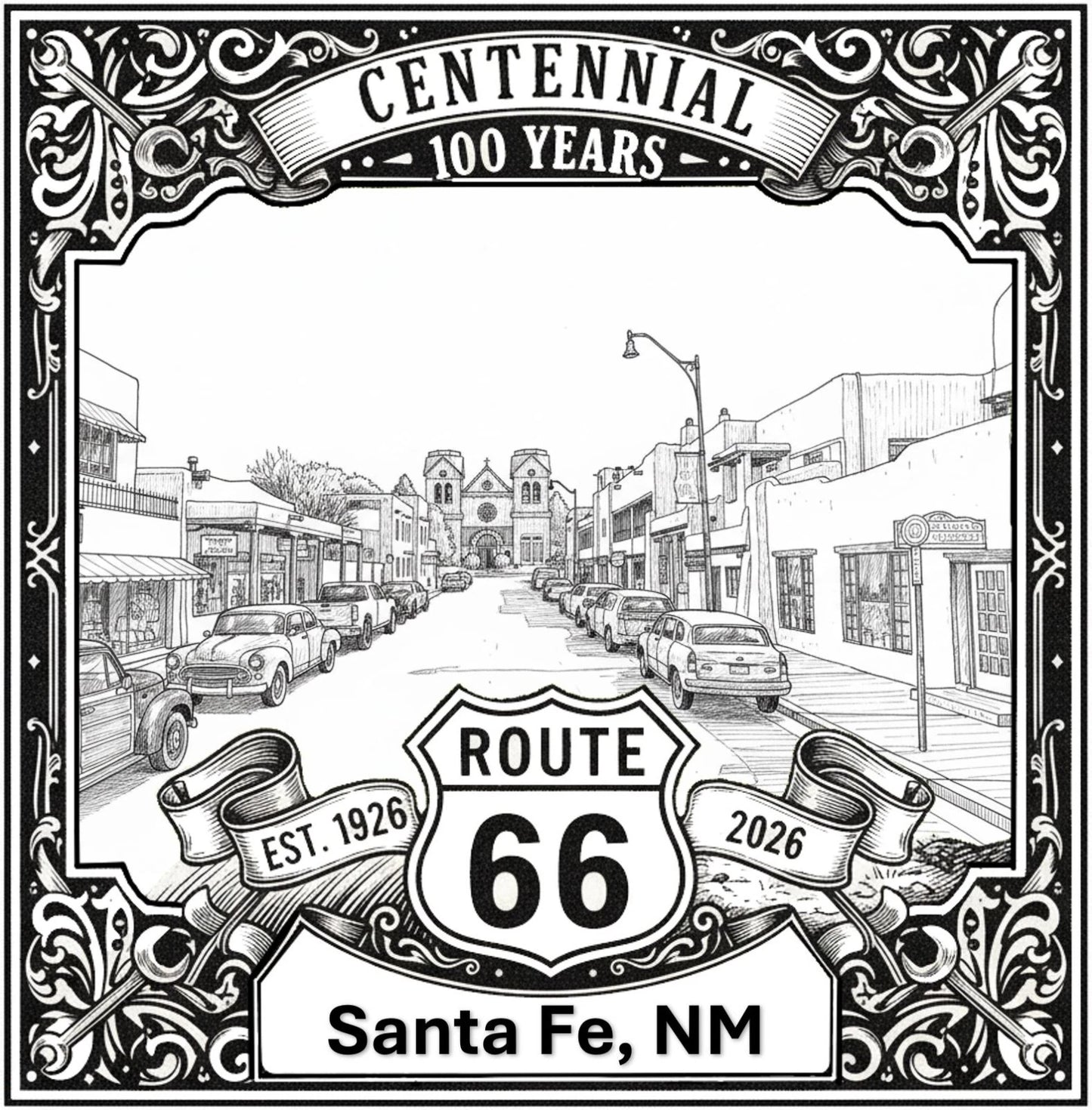 Laser-engraved design of Santa Fe, New Mexico for Route 66 Centennial