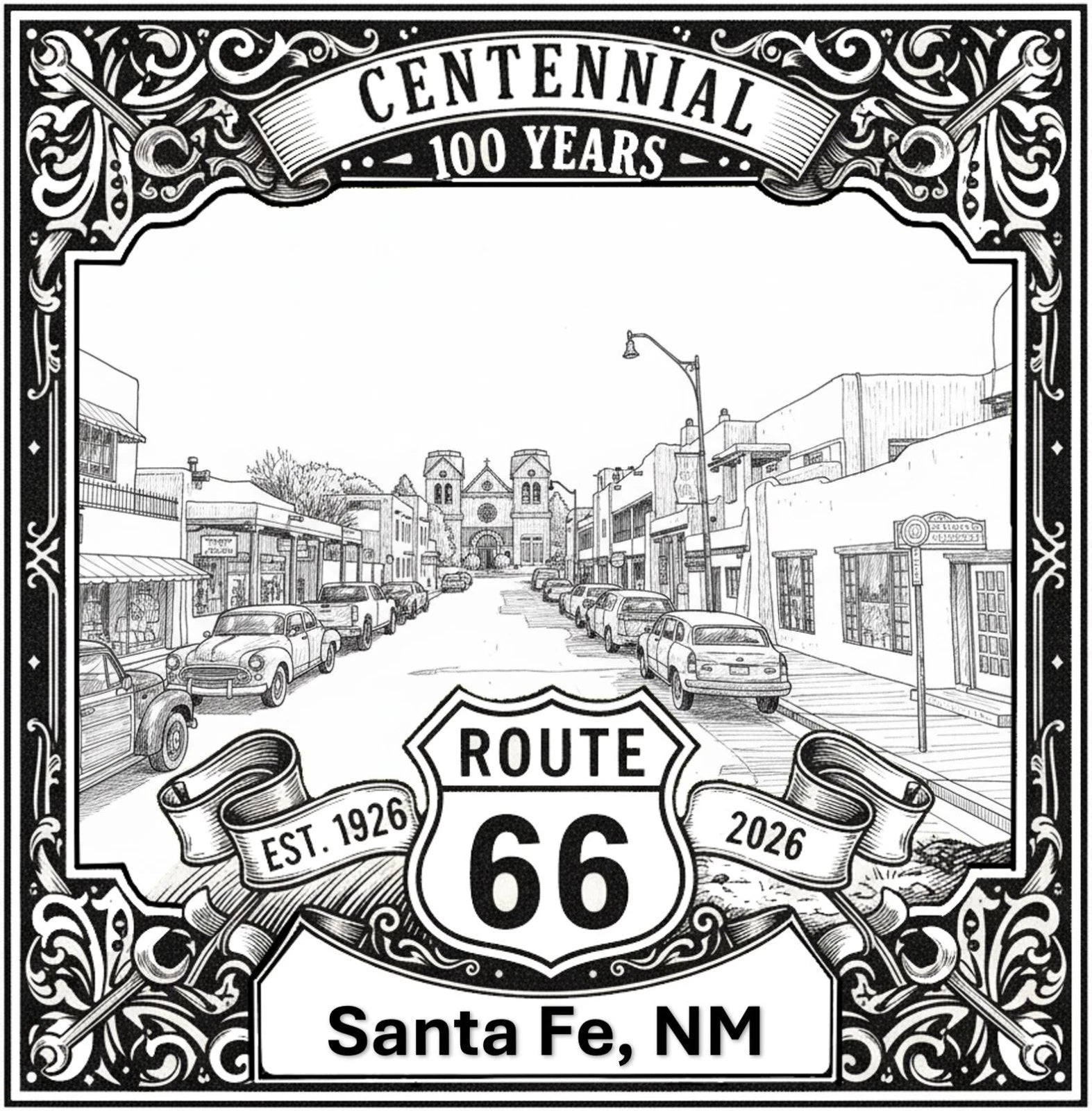 Laser-engraved design of Santa Fe, New Mexico for Route 66 Centennial
