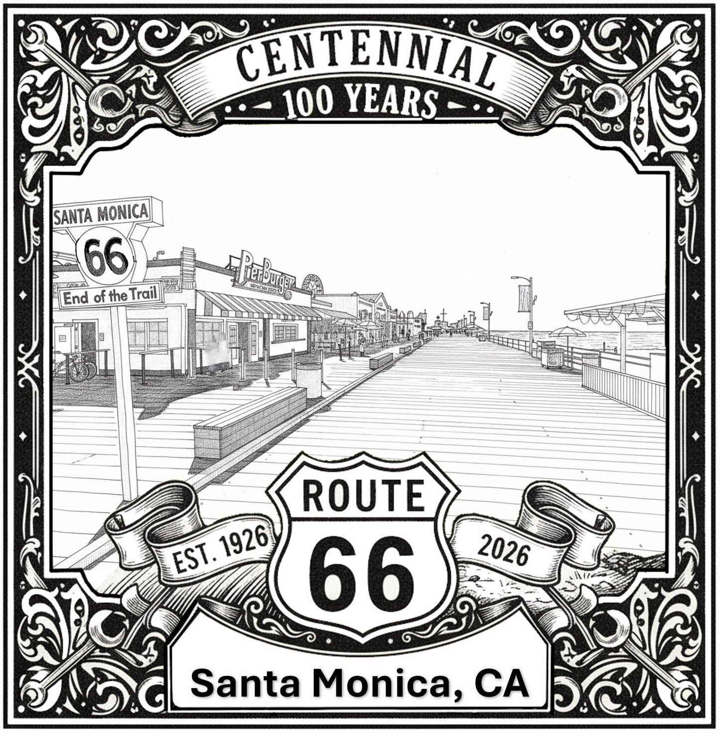 Laser-engraved design of Santa Monica, California for Route 66 Centennial