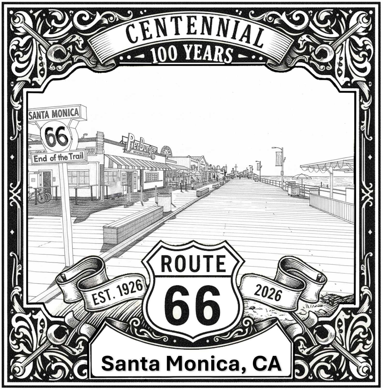 Laser-engraved design of Santa Monica, California for Route 66 Centennial