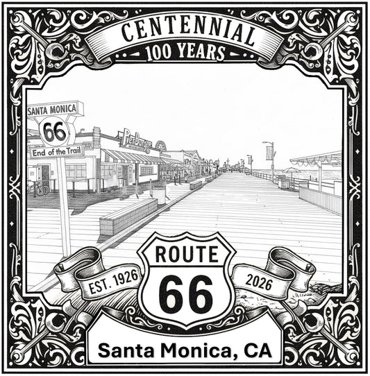 Laser-engraved design of Santa Monica, California for Route 66 Centennial