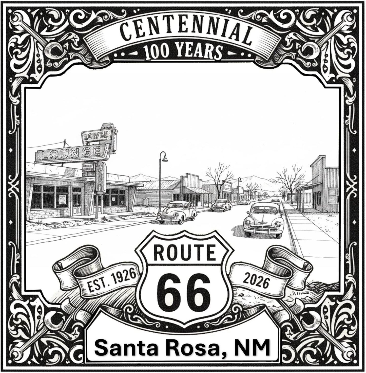 Laser-engraved design of Santa Rosa, New Mexico for Route 66 Centennial