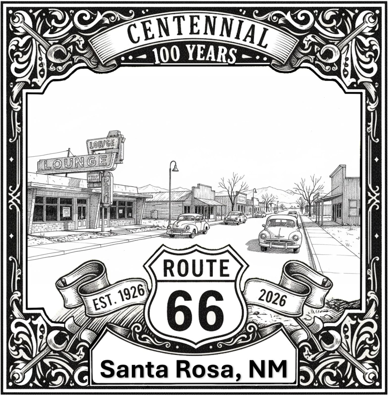 Laser-engraved design of Santa Rosa, New Mexico for Route 66 Centennial