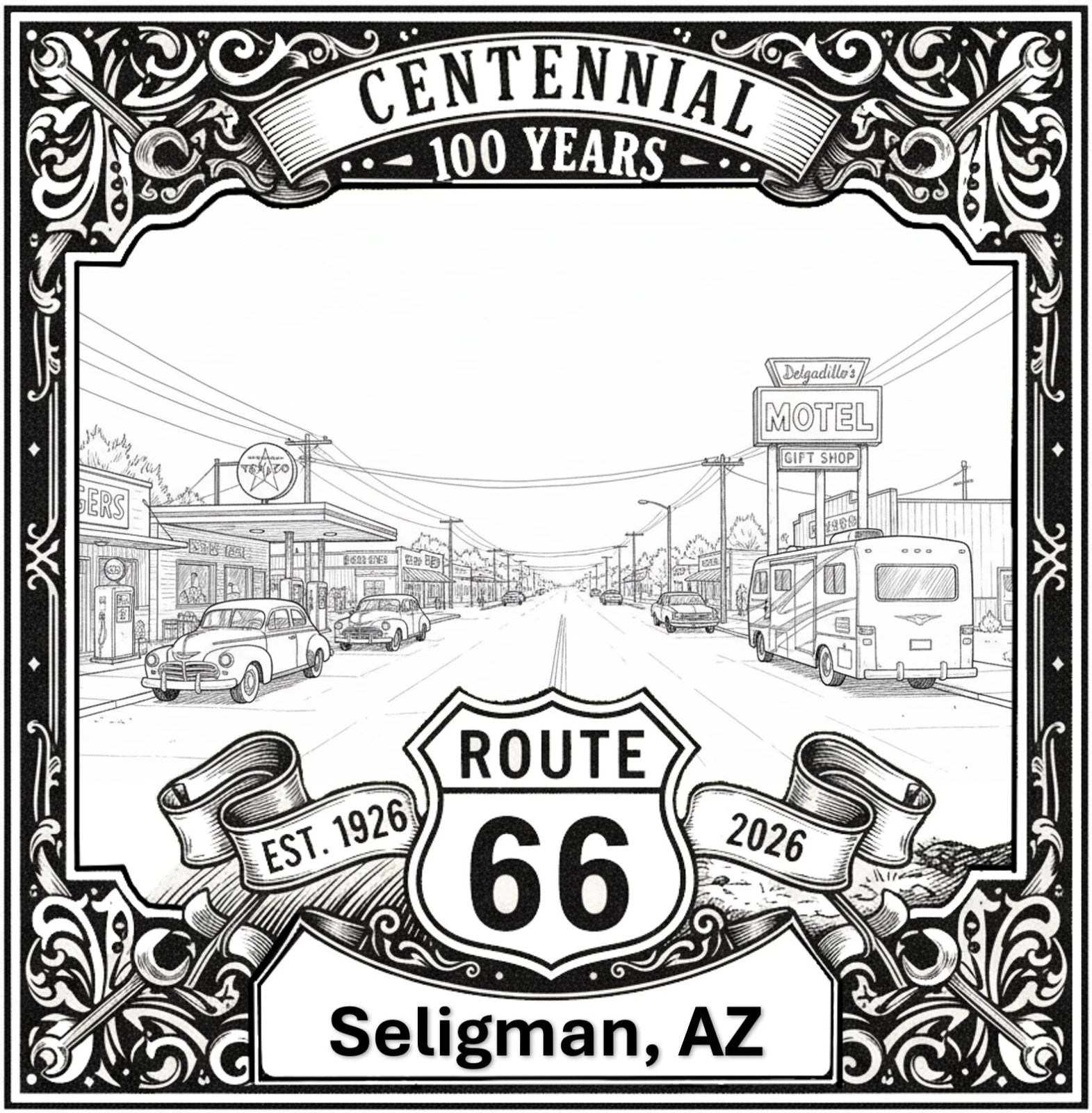 Laser-engraved design of Seligman, Arizona for Route 66 Centennial