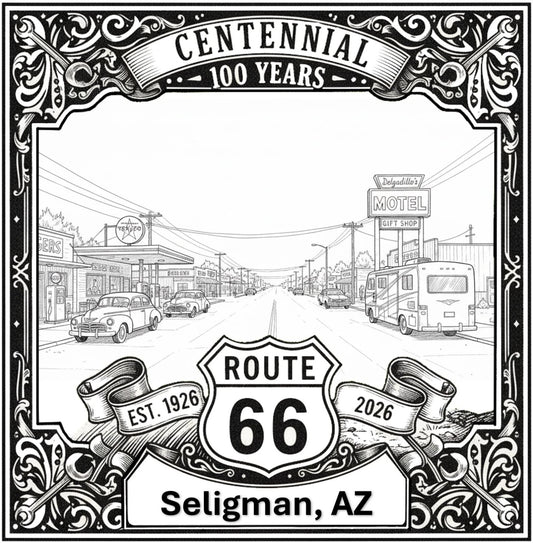 Laser-engraved design of Seligman, Arizona for Route 66 Centennial