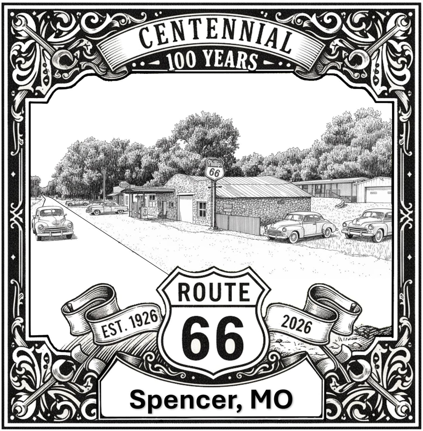 Laser-engraved design of Spencer Station in Missouri for Route 66 Centennial