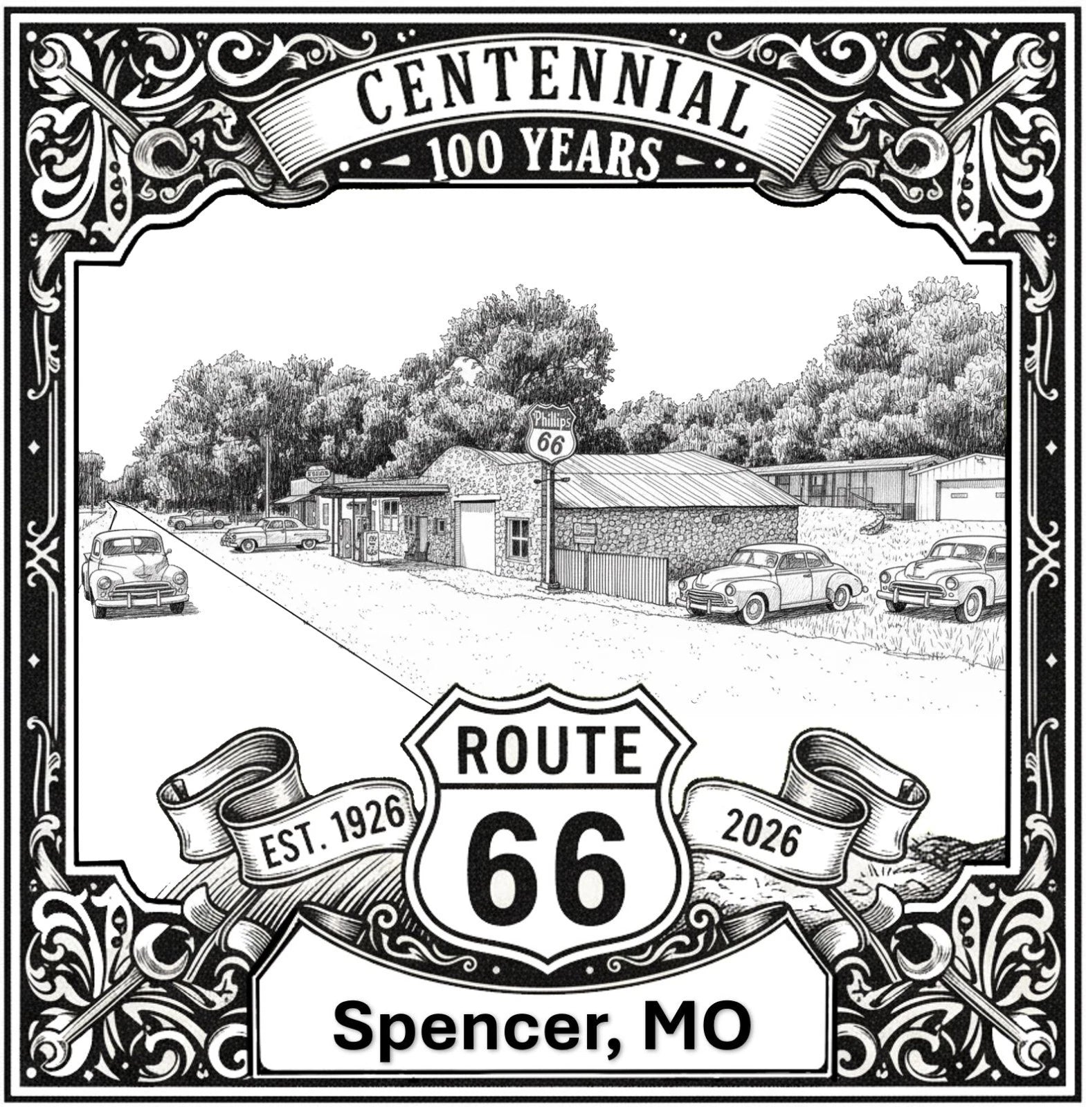 Laser-engraved design of Spencer Station in Missouri for Route 66 Centennial
