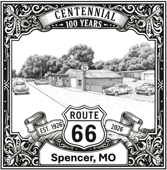 Laser-engraved design of Spencer Station in Missouri for Route 66 Centennial