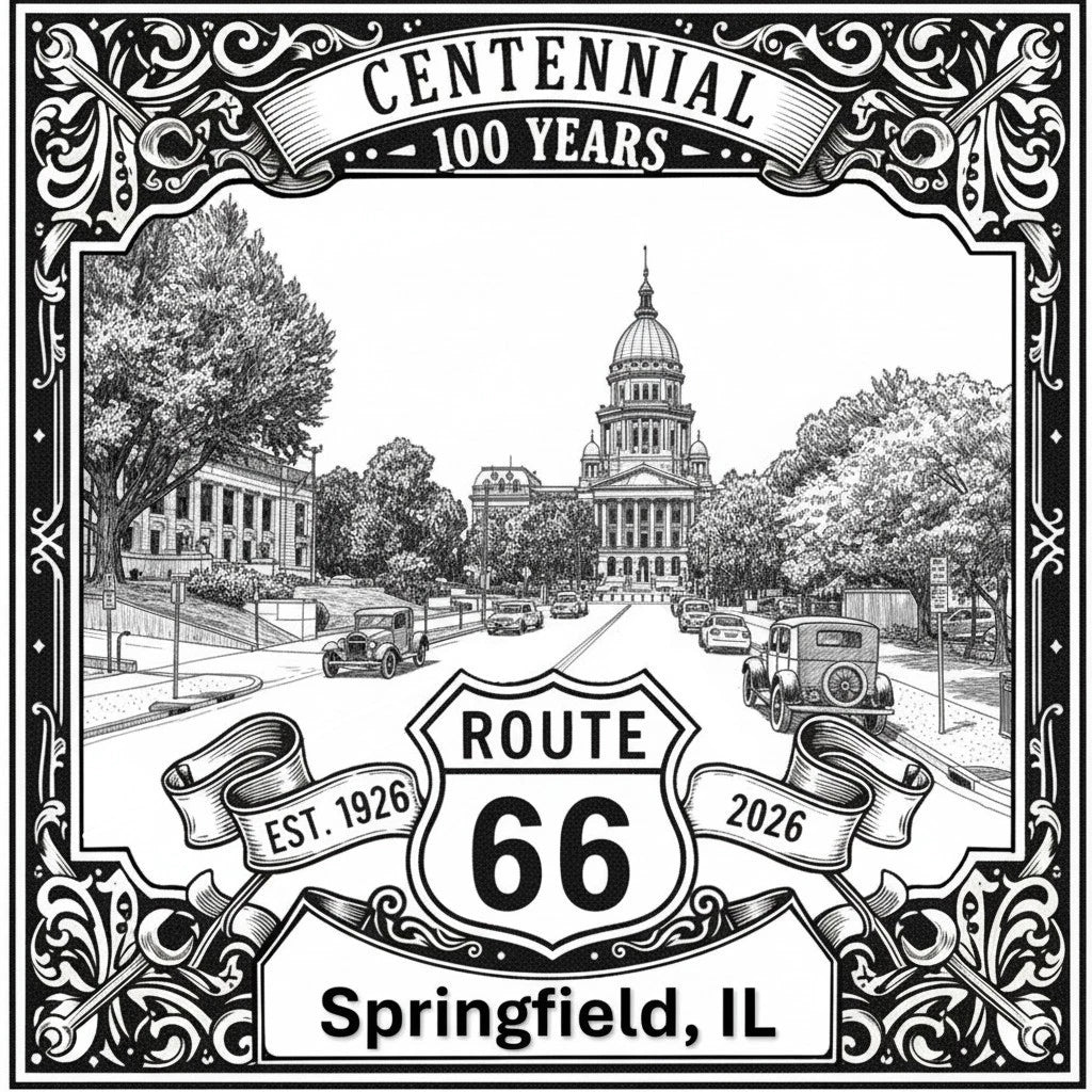 Laser-engraved design of Springfield, Illinois for Route 66 Centennial