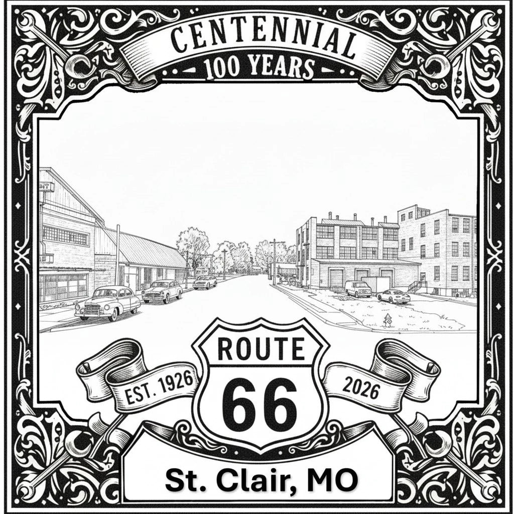 Laser-engraved design of St. Clair, Missouri for Route 66 Centennial