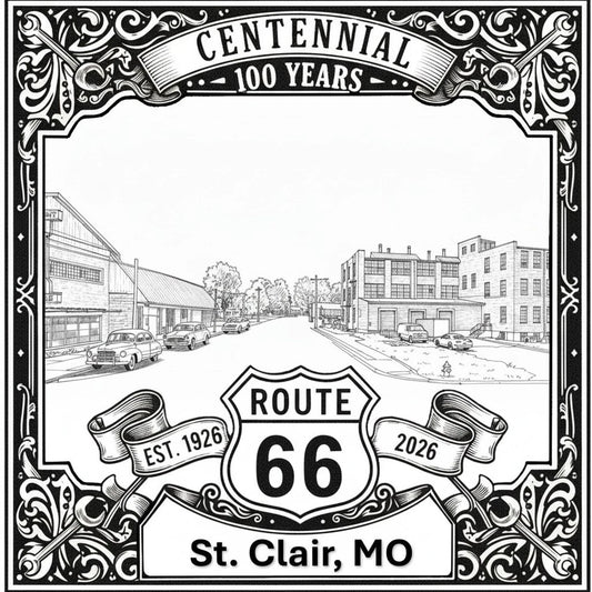 Laser-engraved design of St. Clair, Missouri for Route 66 Centennial