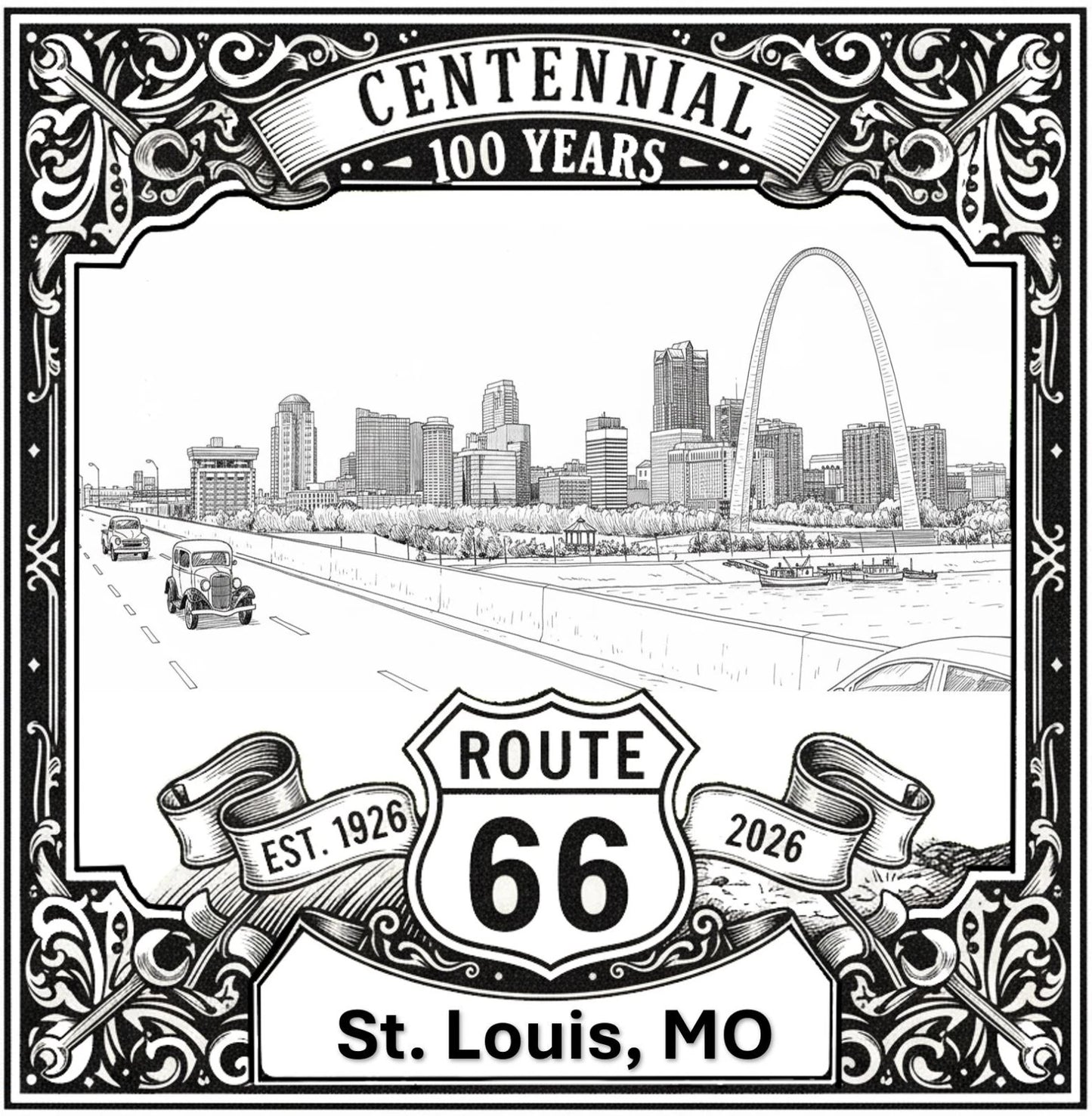 Laser-engraved design of St. Louis, Missouri for Route 66 Centennial