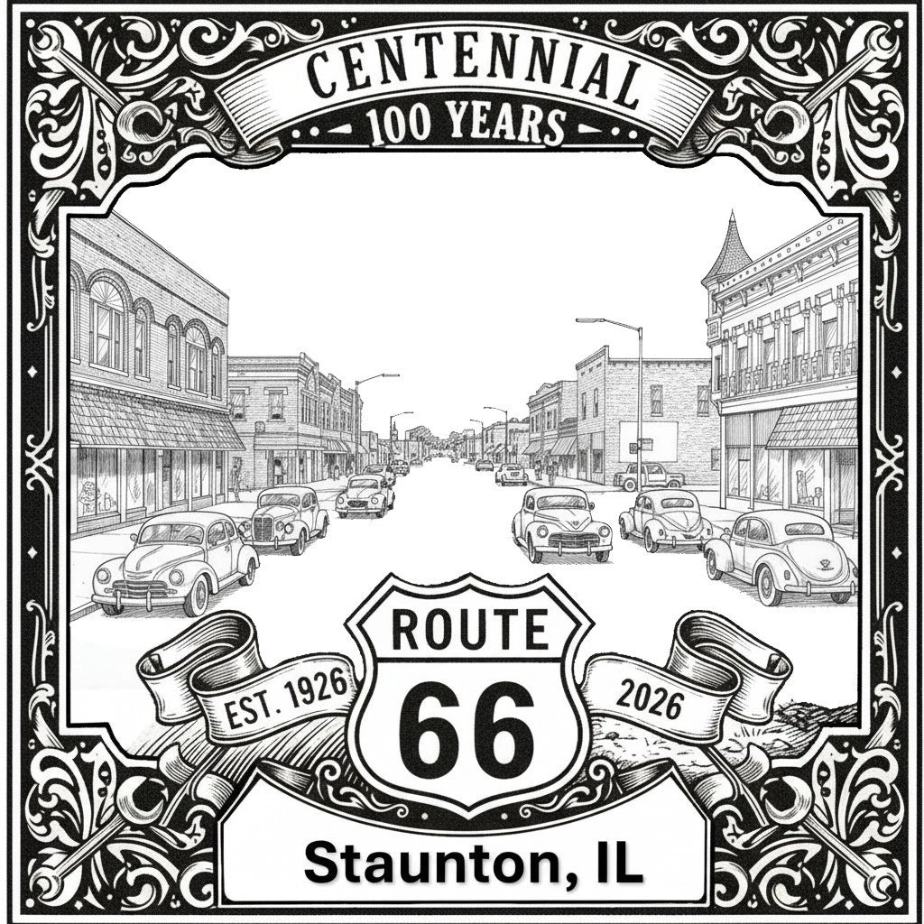 Laser-engraved design of Staunton, Illinois for Route 66 Centennial