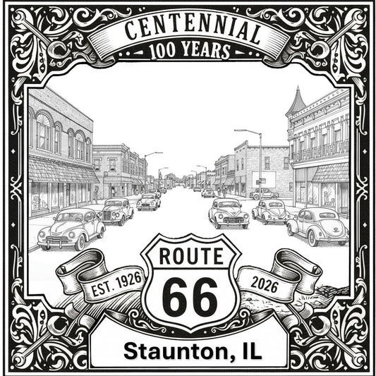 Laser-engraved design of Staunton, Illinois for Route 66 Centennial