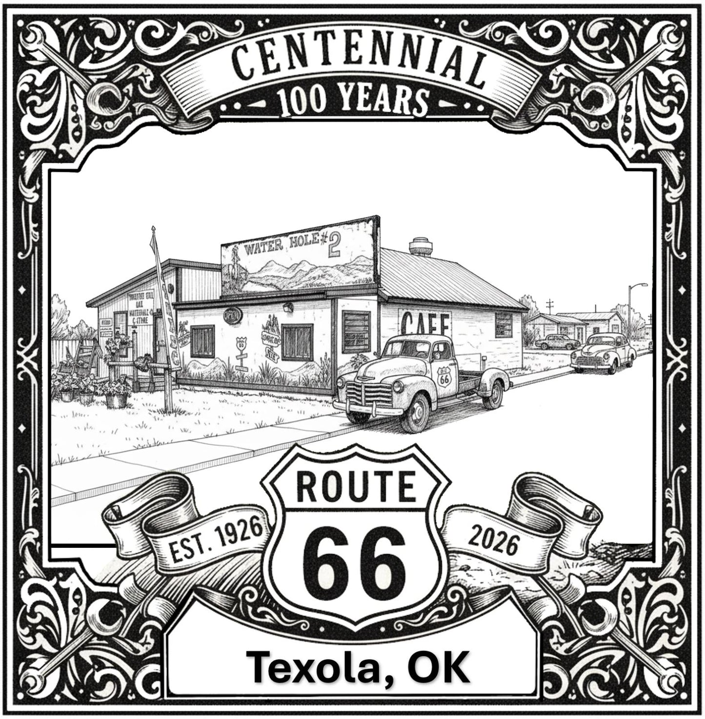 Laser-engraved design of Texola, Oklahoma for Route 66 Centennial
