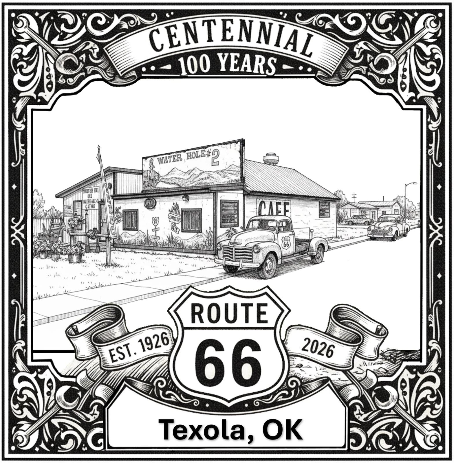 Laser-engraved design of Texola, Oklahoma for Route 66 Centennial

