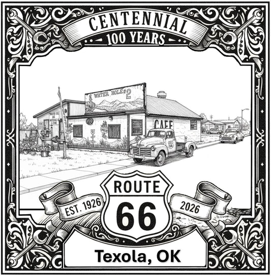 Laser-engraved design of Texola, Oklahoma for Route 66 Centennial
