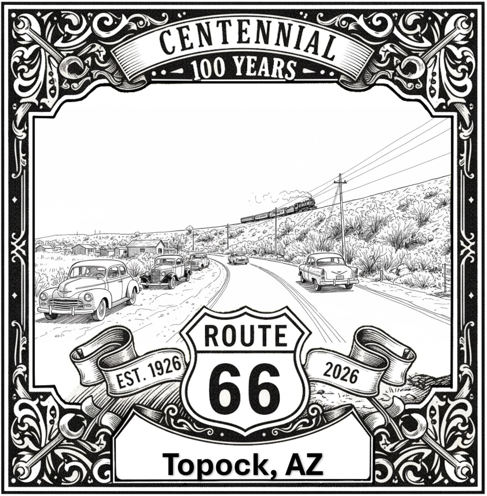 Laser-engraved design of Topock, Arizona for Route 66 Centennial