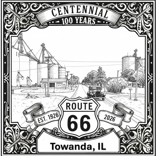 Laser-engraved design of Towanda, Illinois for Route 66 Centennial