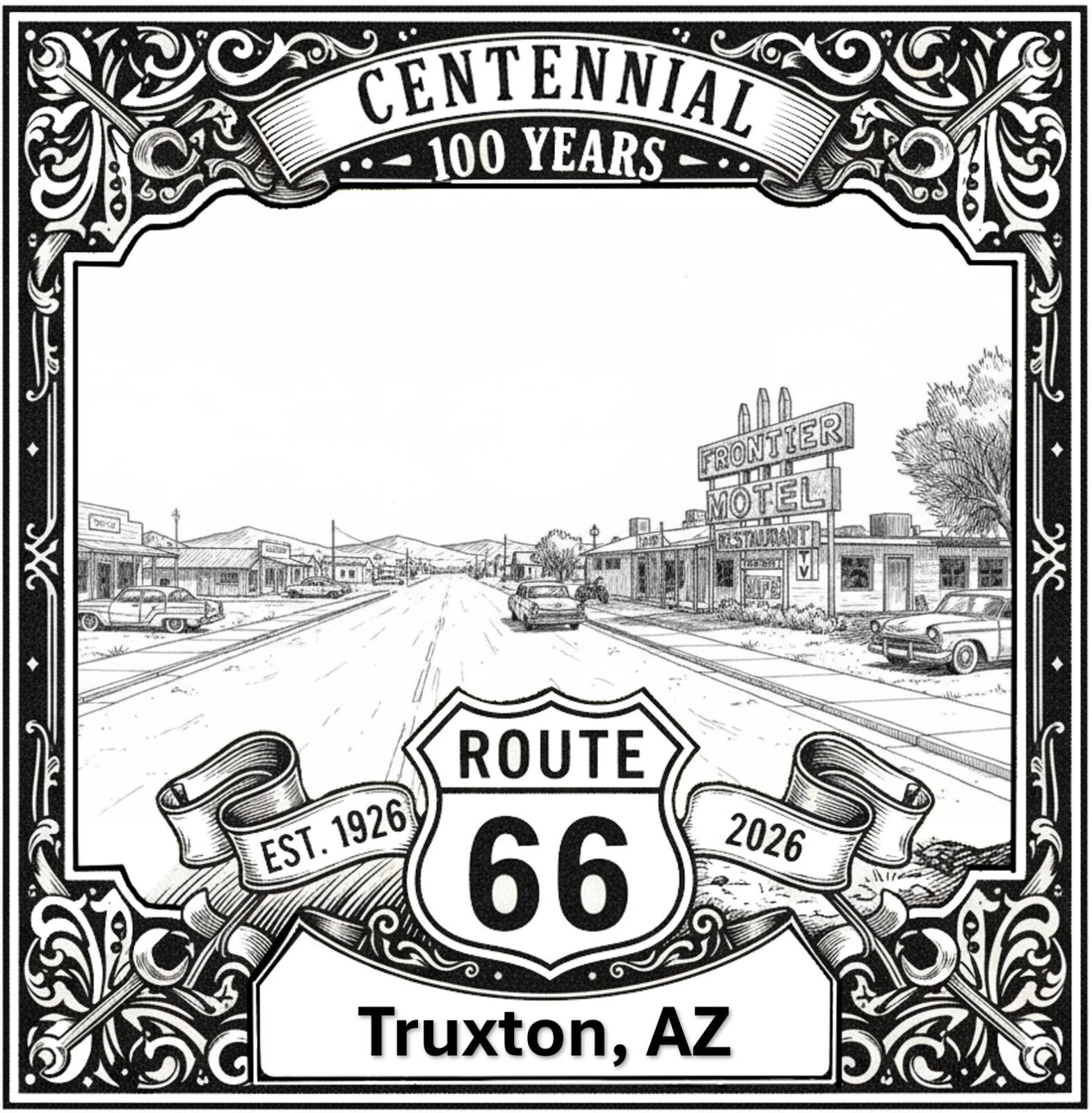 Laser-engraved design of Truxton, Arizona for Route 66 Centennial