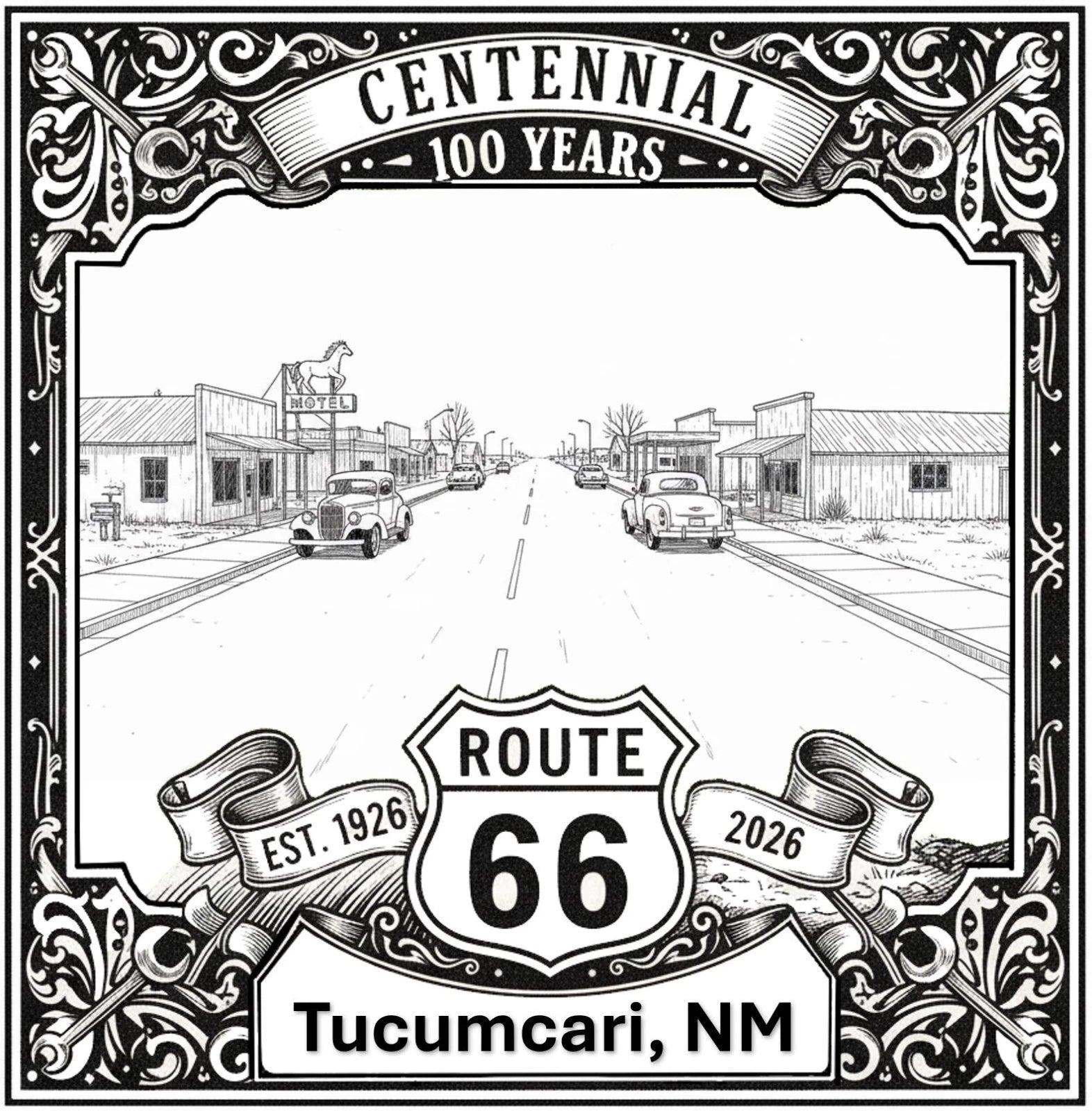 Laser-engraved design of Tucumcari, New Mexico for Route 66 Centennial