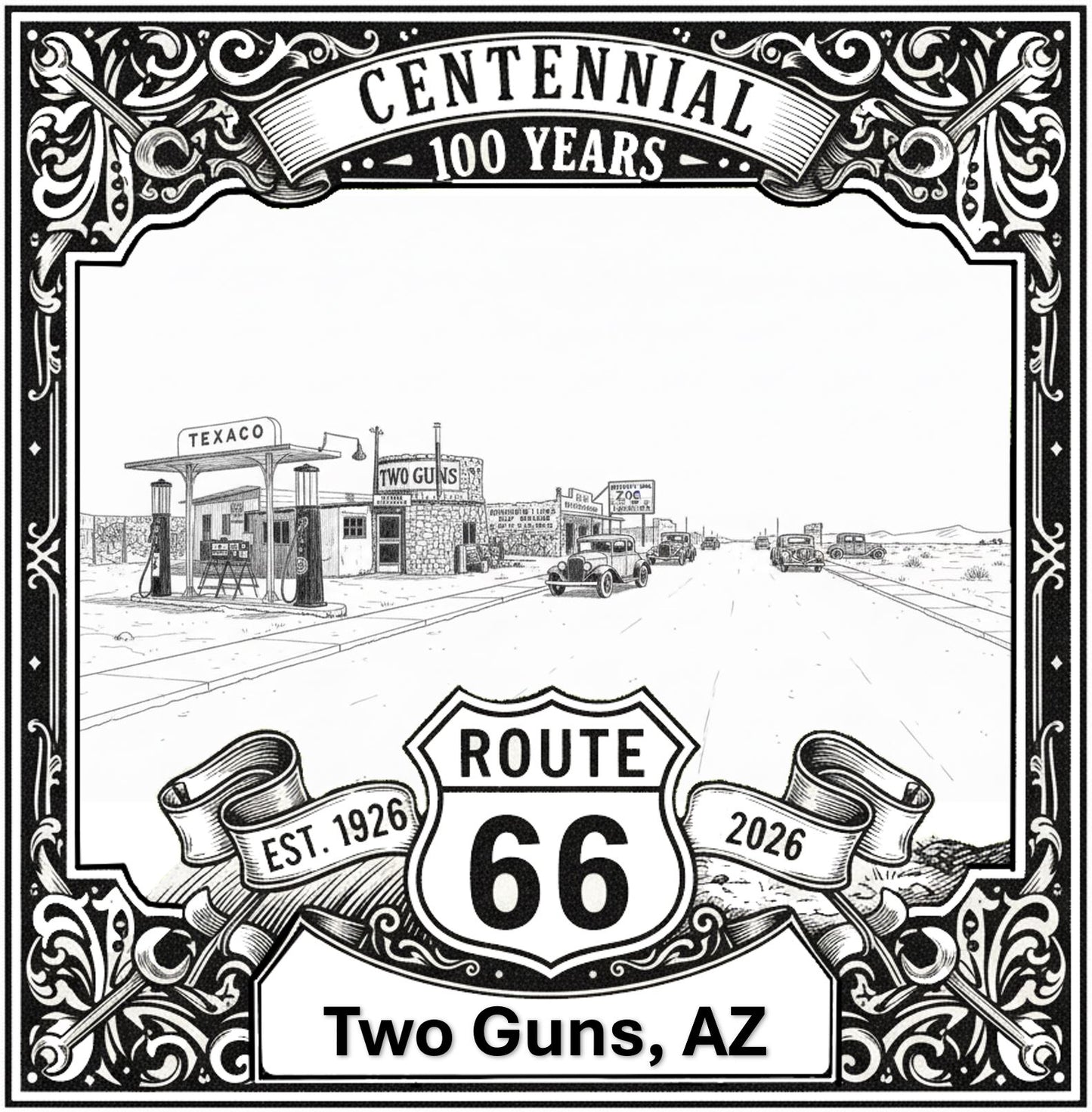 Laser-engraved design of Two Guns, Arizona for Route 66 Centennial