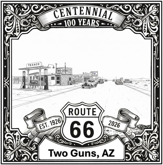Laser-engraved design of Two Guns, Arizona for Route 66 Centennial