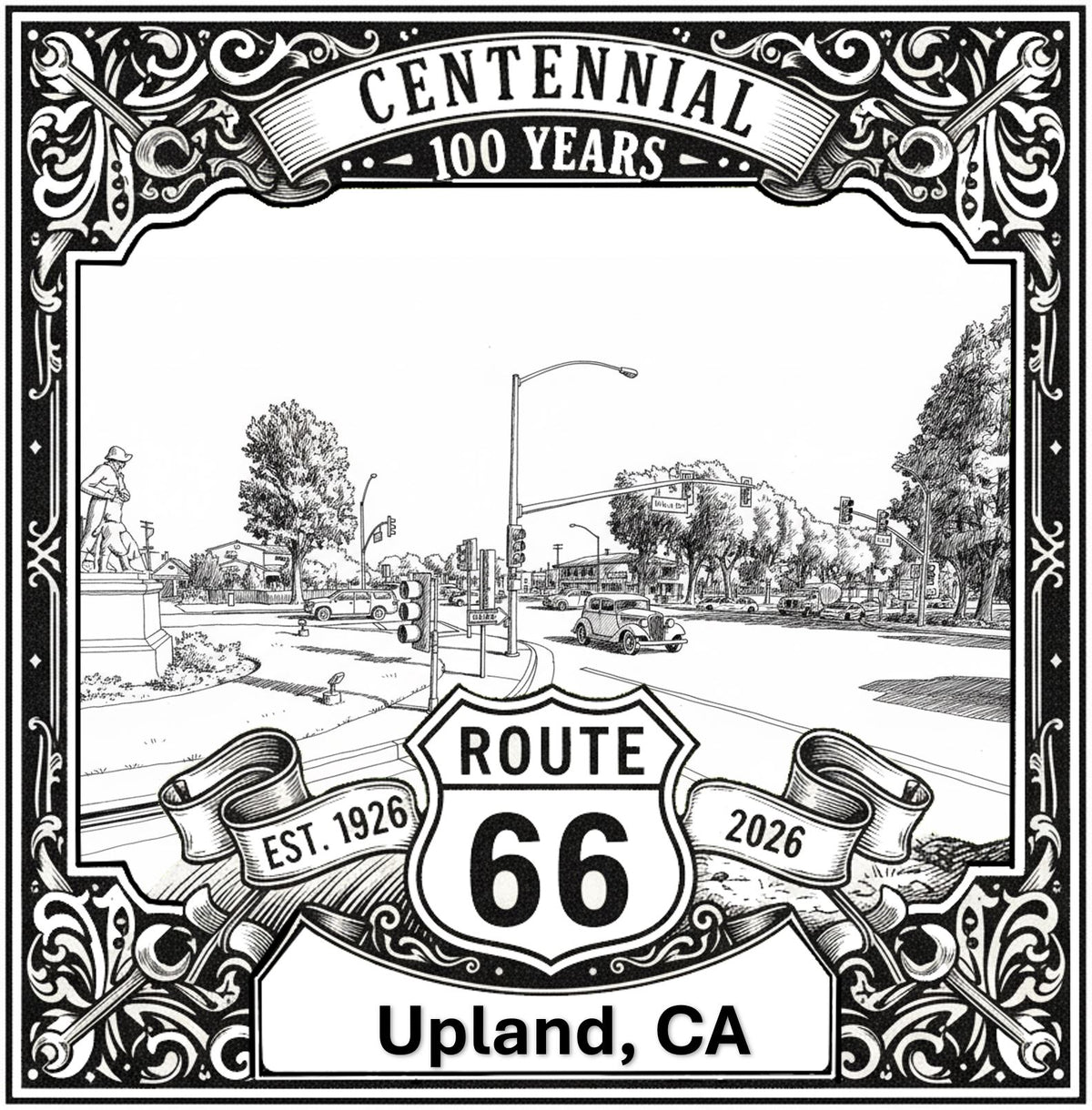 Laser-engraved design of Upland, California for Route 66 Centennial