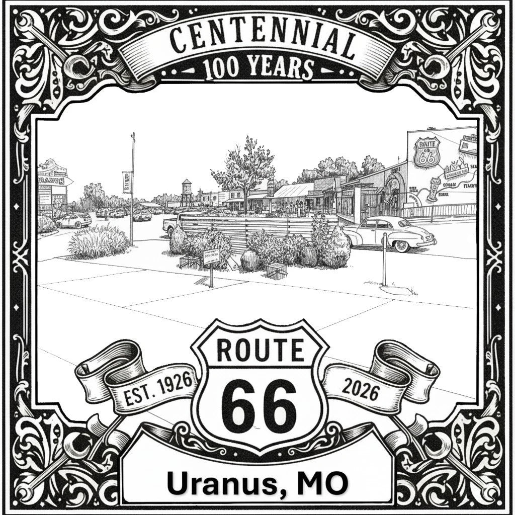 Laser-engraved design of Uranus, Missouri for Route 66 Centennial
