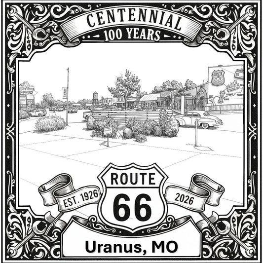 Laser-engraved design of Uranus, Missouri for Route 66 Centennial
