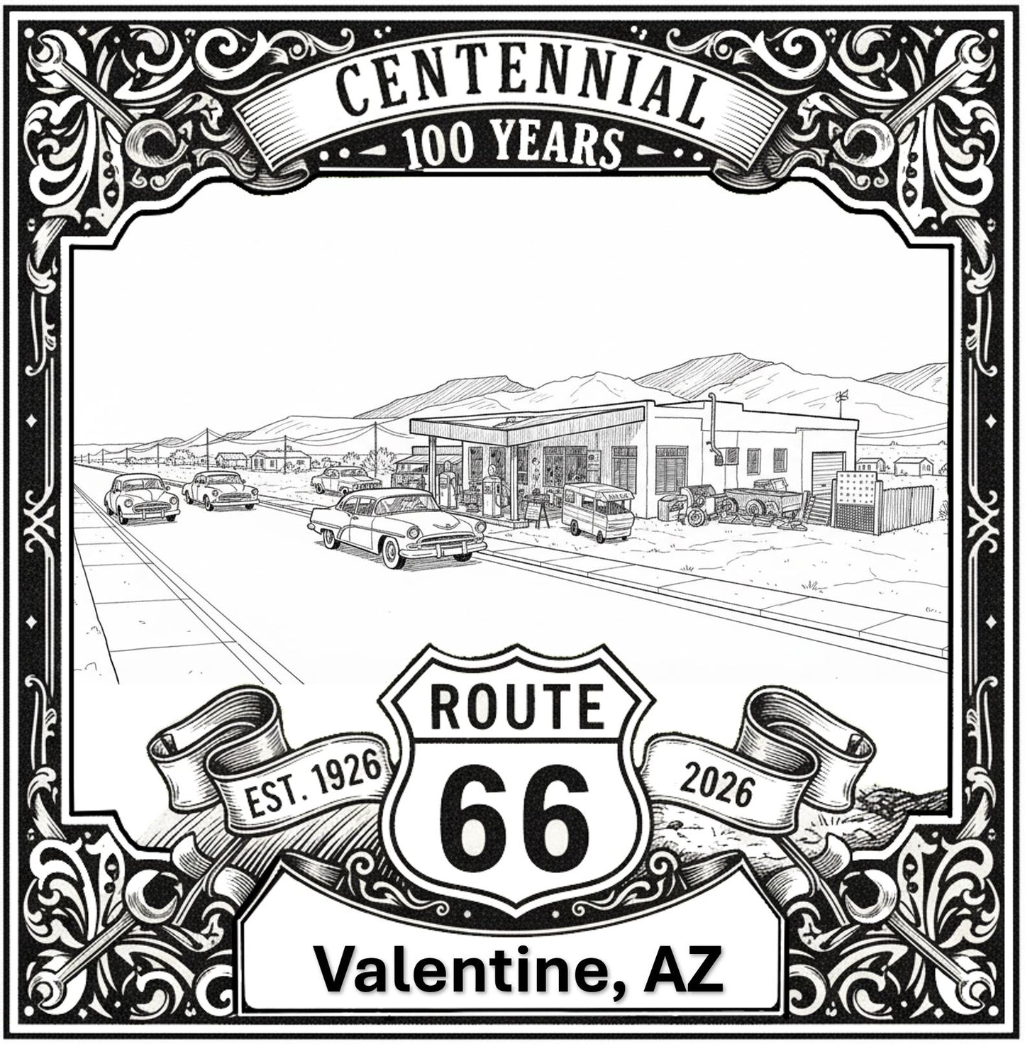 Laser-engraved design of Valentine, Arizona for Route 66 Centennial
