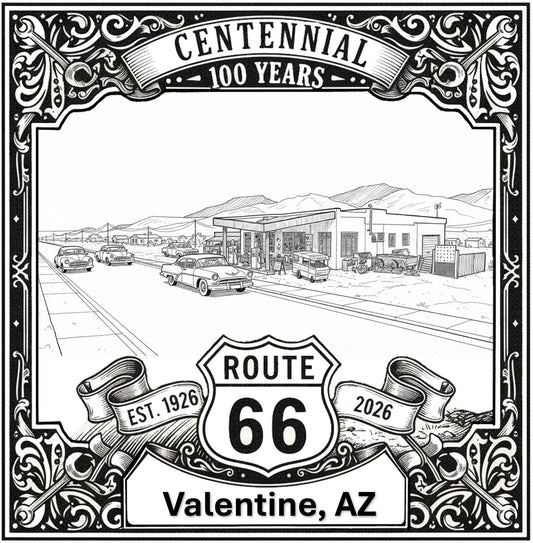 Laser-engraved design of Valentine, Arizona for Route 66 Centennial