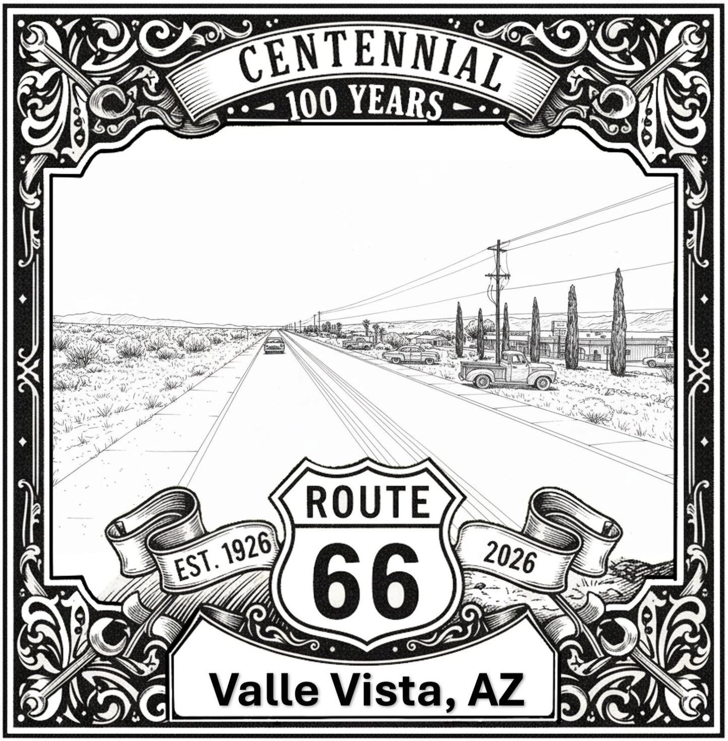 Laser-engraved design of Valle Vista, Arizona for Route 66 Centennial