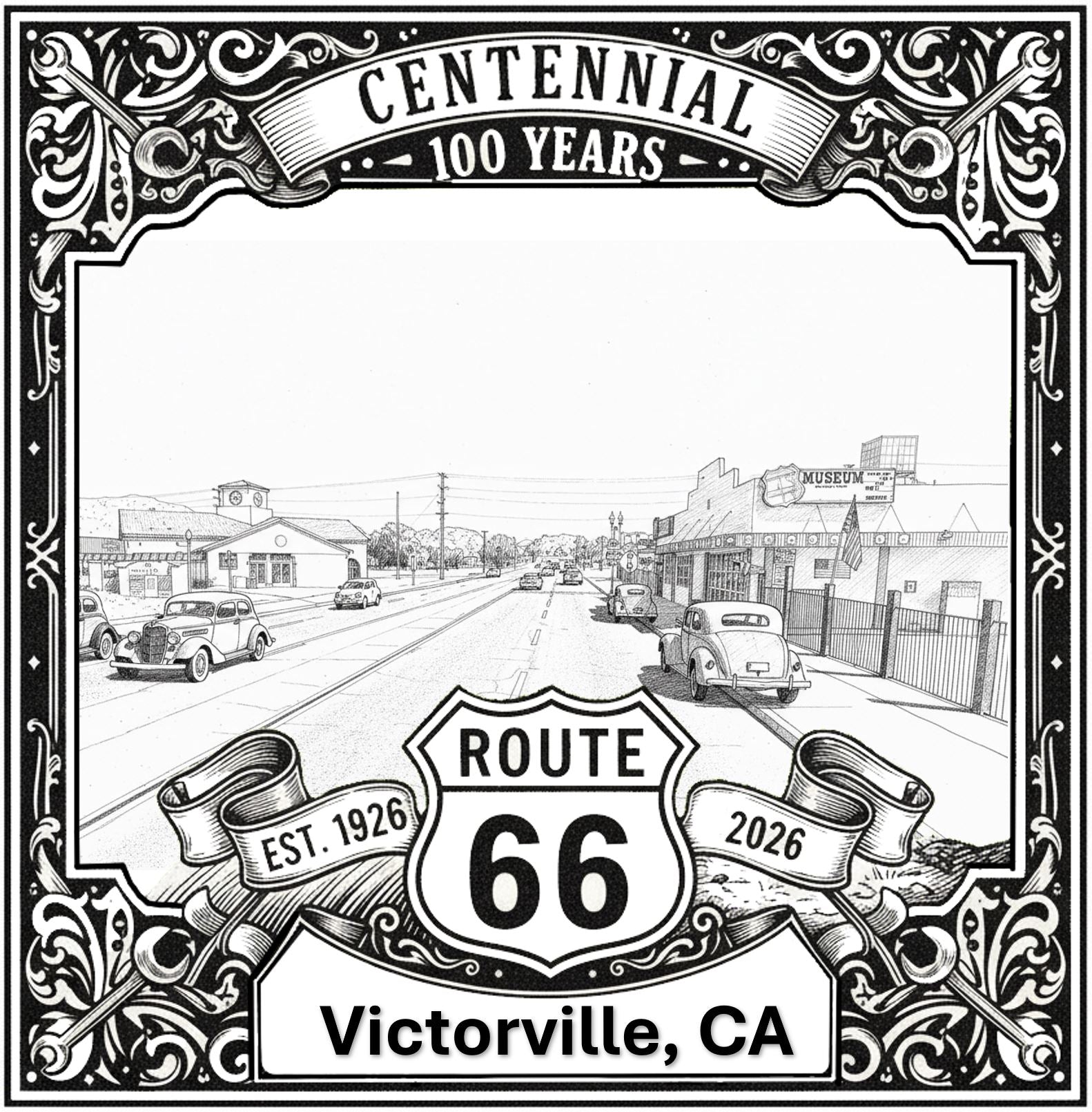 Laser-engraved design of Victorville, California for Route 66 Centennial