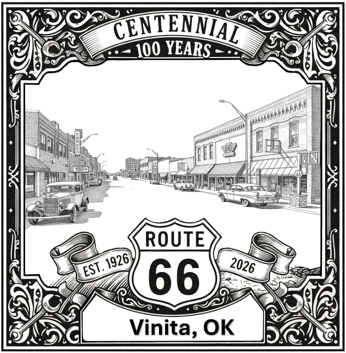 Laser-engraved design of Vinita, Oklahoma for Route 66 Centennial
