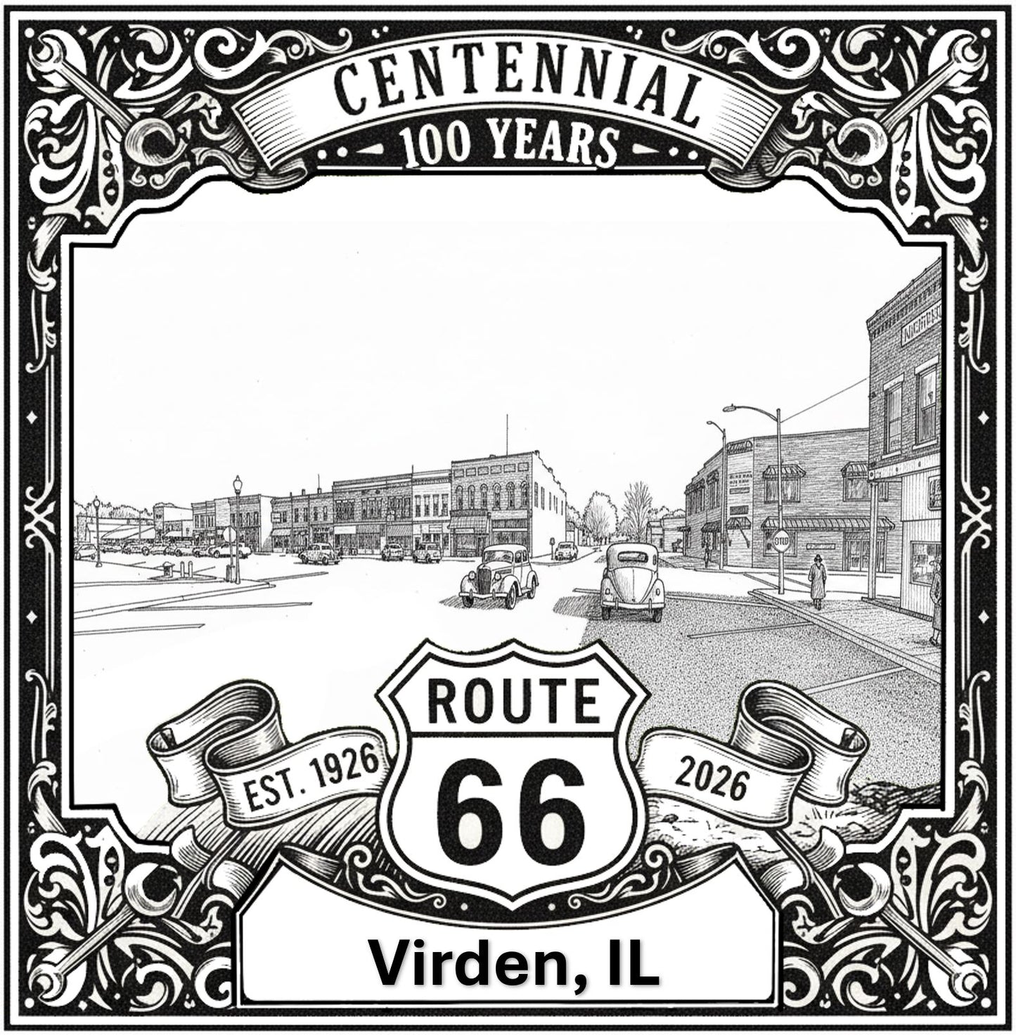 Laser-engraved design of Virden, Illinois for Route 66 Centennial