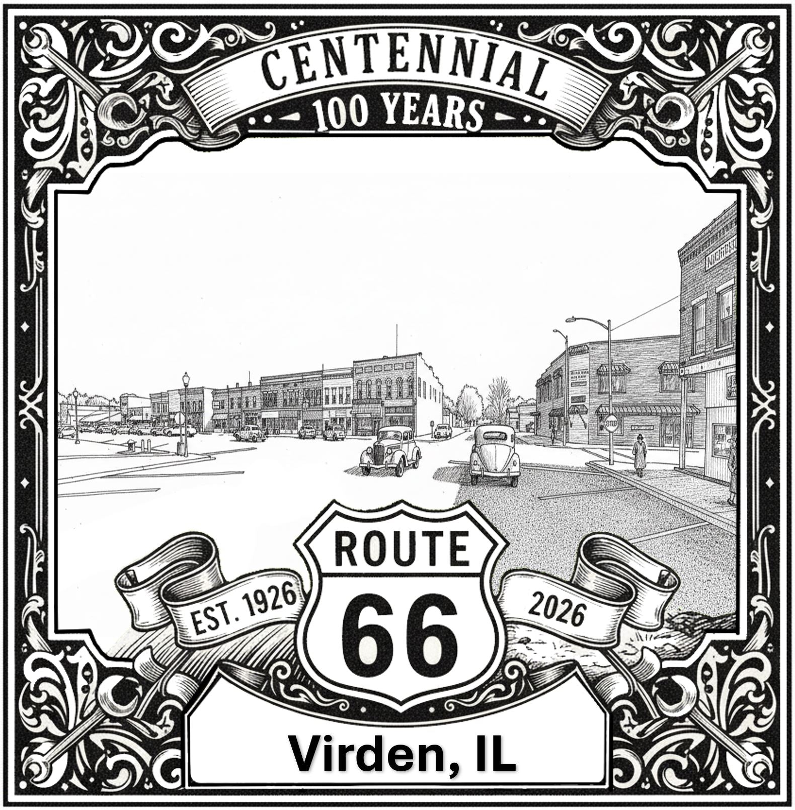 Laser-engraved design of Virden, Illinois for Route 66 Centennial