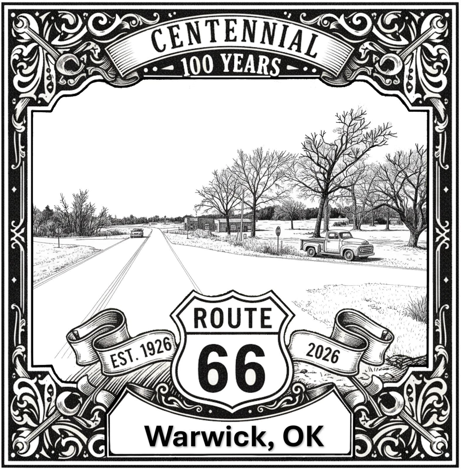 Laser-engraved design of Warwick, Oklahoma for Route 66 Centennial